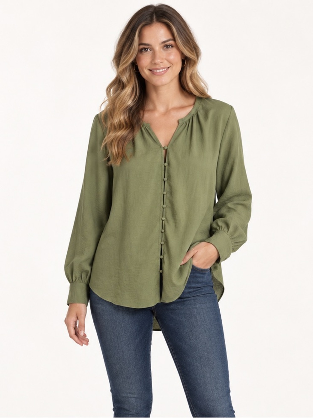 Nine West Women’s Plus 0X Olive Green Button-Front Blouse Long Sleeve Top